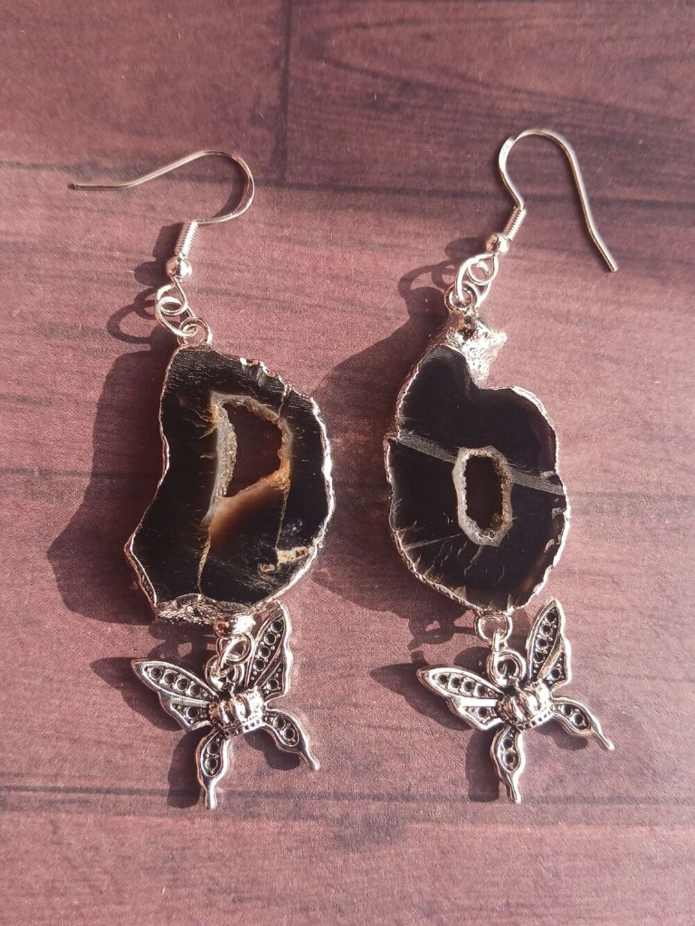 Black agate with Skull Moth Earrings